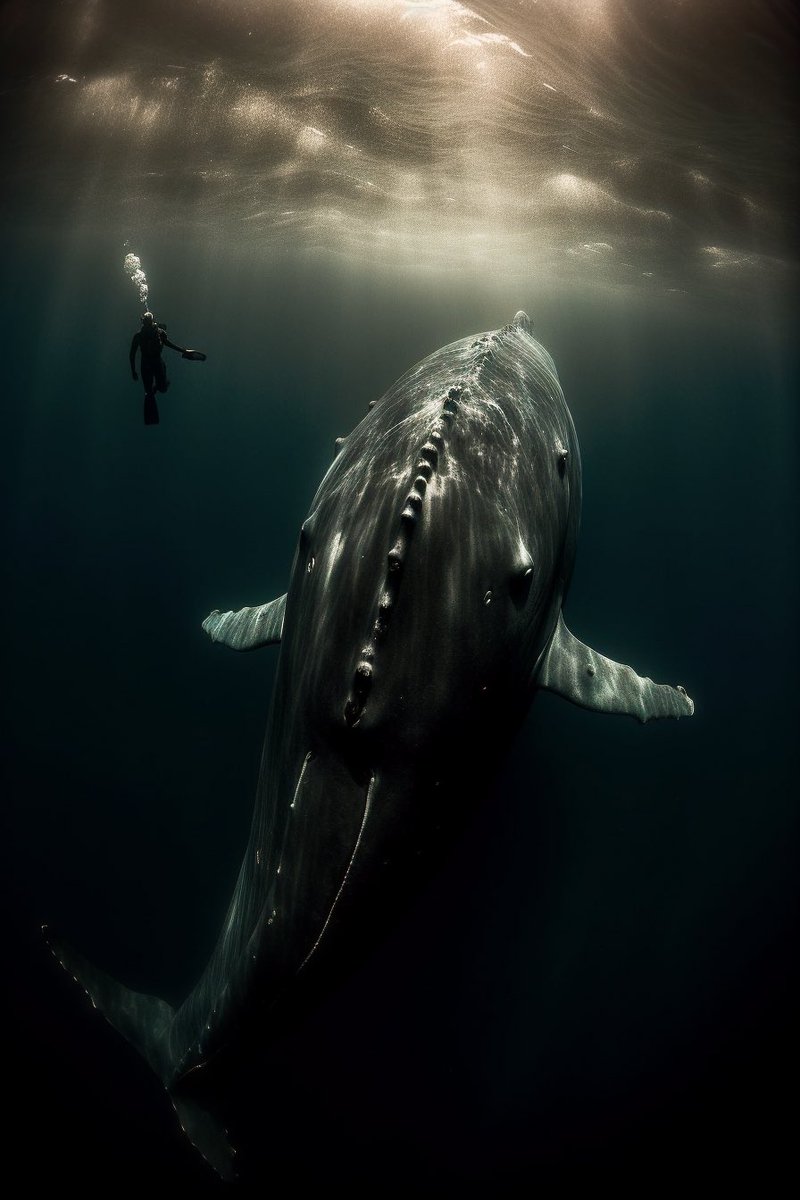 JoelAiresCosta's tweet image. Scuba diving with a whale and another couple was a #majestic experience! The #gigantic scale of the ocean and the #organicarchitecture of the whale created #juxtapositions extraordinaire. It was like living in a monochromatic masterpiece, and we felt like #midjourney #AIart