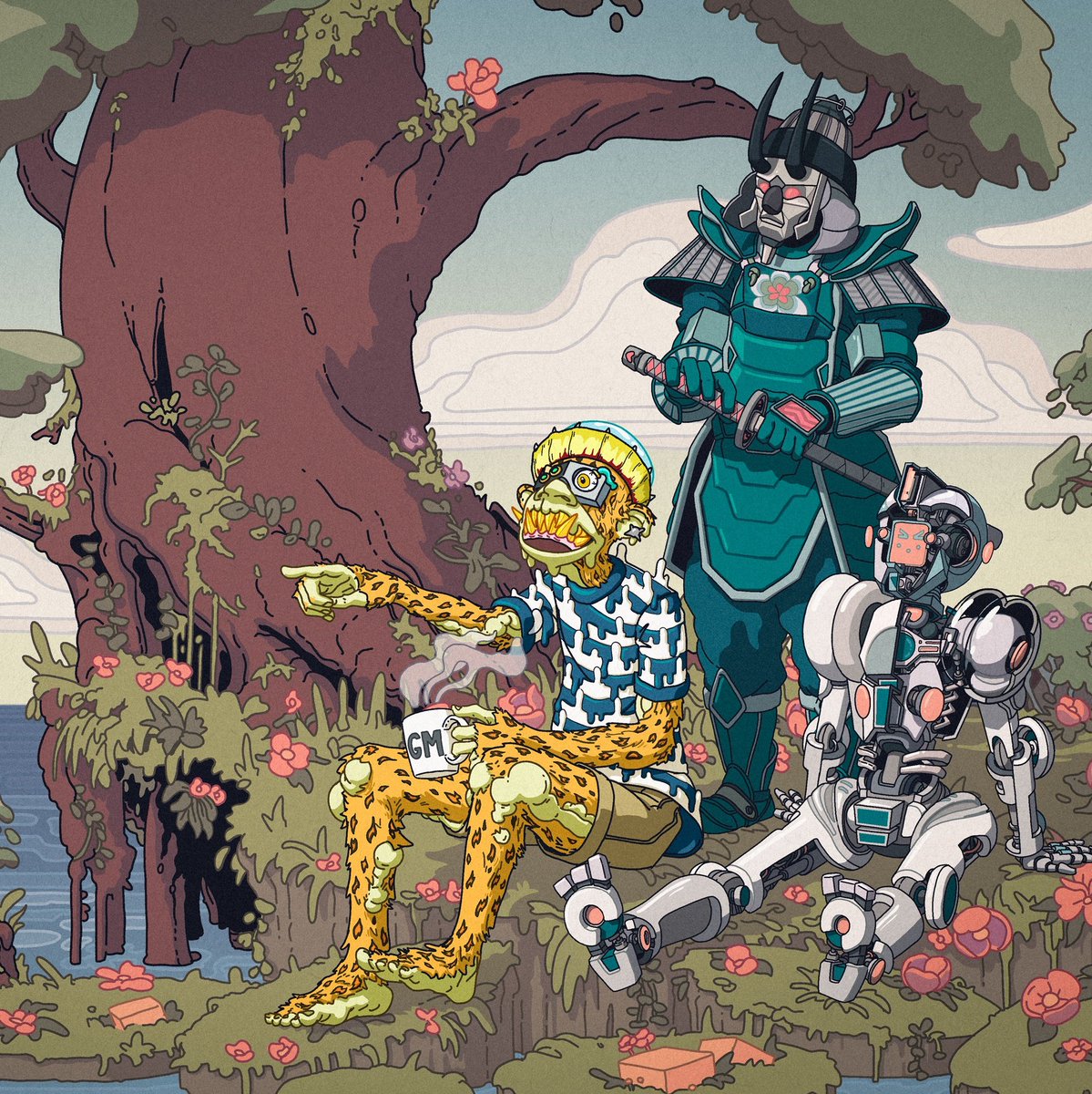 Artwork made for <a href="/EverydayZukini/">Spencer Tucker</a> of his <a href="/RENGA_inc/">RENGA</a> and <a href="/yugalabs/">Yuga Labs</a> MAYC hanging out, vibing in the sun.

Love to see communities supporting each other and I tried to depict that in this piece.

Thanks for the commission, it was a pleasure ❤️‍🔥