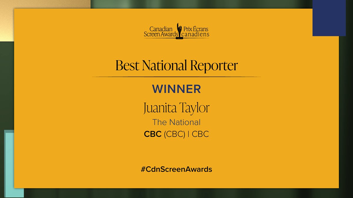 TheCdnAcademy's tweet photo. Congratulations to Juanita Taylor, winner of Best National Reporter for The National! @CBCTheNational @CBC @CBC_Publicity #CdnScreenAwards https://t.co/4EeOnn8KPZ