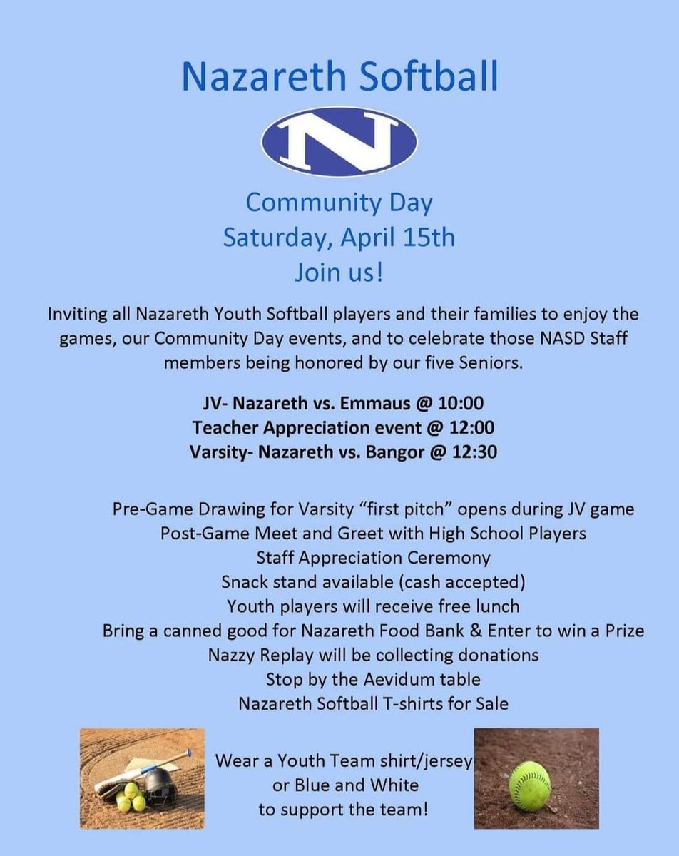 ***Spring Cleaning???*** Friendly reminder that Nazzy Replay will be at the Nazareth Softball Community Day collecting donations of outgrown but not outplayed sports equipment at the Intermediate Field:) <a href="/NAHSBlueEagles/">Nazareth Athletics</a> <a href="/NAHSBlueEagles/">Nazareth Athletics</a> <a href="/NazarethAreaBES/">Bushkill Elementary</a> <a href="/WMudlock/">William Mudlock</a>