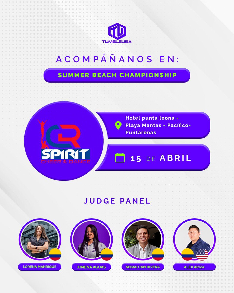 TumbleUsa's tweet photo. Summer beach championship en Costa Rica nos espera🇨🇷🥇Lorena, Ximena, Sebastián y Alex estarán a cargo del juzgamiento del Campeonato el próximo 15 de Abril. ¡Gracias Costa Rica Spirit por la invitación!

#JuecesTumbleUsa #TumbleUsa https://t.co/hrNvJAgk1e