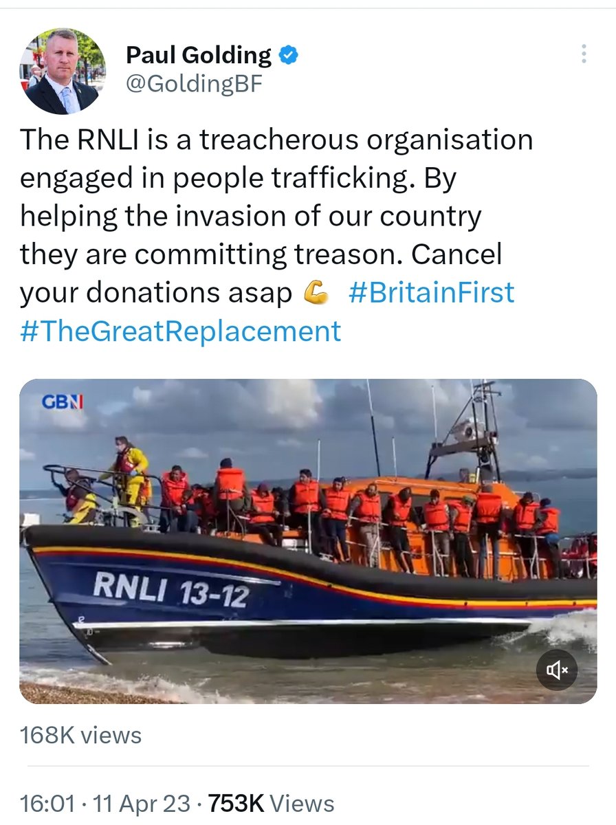 A polite reminder that the racist shÌtcünt, Paul Golding thinks the RNLI is a treacherous organisation for NOT allowing asylum seekers TO DIE at sea. I say the RNLI are magnificent and if you are able to donate just £3 per month, you should 🫶 rnli.org/support-us/giv…