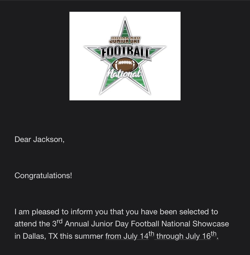 Jackson_Carey4's tweet photo. Proud to receive an invite to the Junior Day Football National Showcase at AT&amp;T Stadium! @hallead_kurt @CoachJoeAustin @CoachBeauGrech @CoachMike_UMHB @SJCSEagles https://t.co/UdHutTYFay