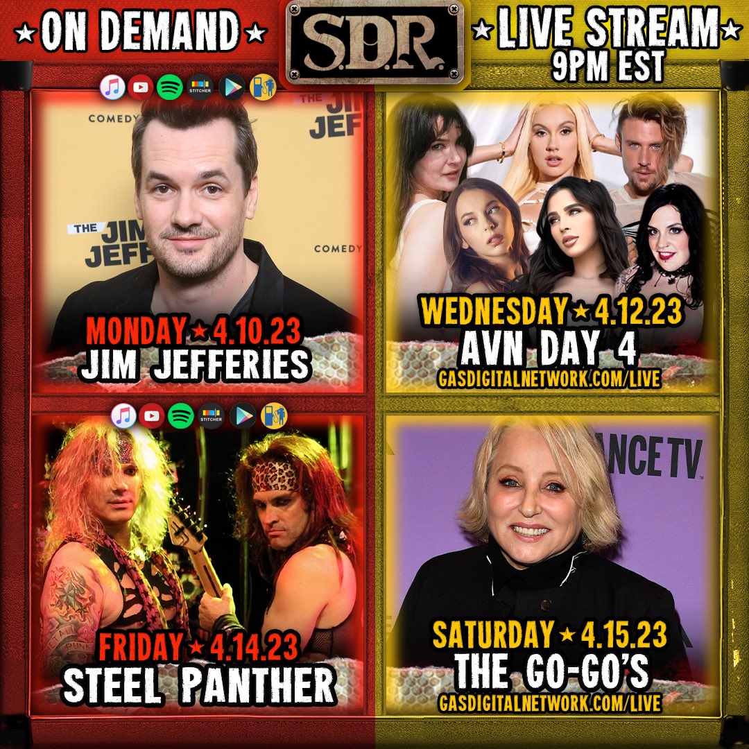 TheSDRShow's tweet image. Epic lineup this week on The SDR Show!

thesdrshow.com/listen

Tune in right here and use code SDR for a free trial @gasdigital!

@jimjefferies @avnawards @MarilynMayson_ @emiliamarsx @jasminluv3 @ChrisScandal @LilyLarimar @Kylierocket1 @Steel_Panther @MichaelStarrr #thegogos