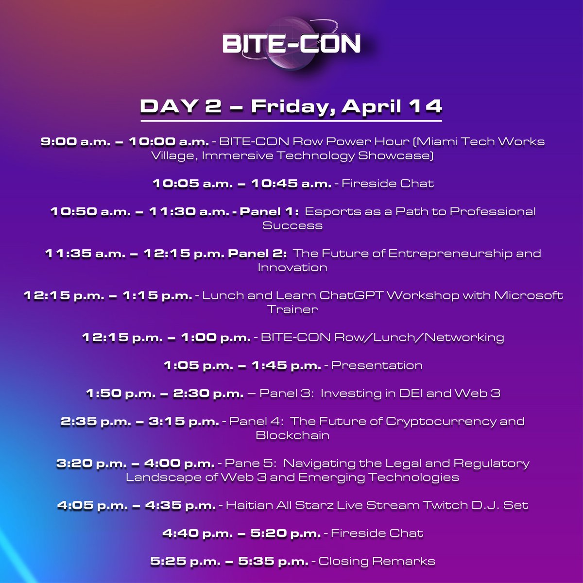 Here's the schedule for Friday, April 14 (Day 2)! We can't wait!!!

BITE-CON is now FREE &amp; open to all!
Grab your FREE ticket now at bite-con.com