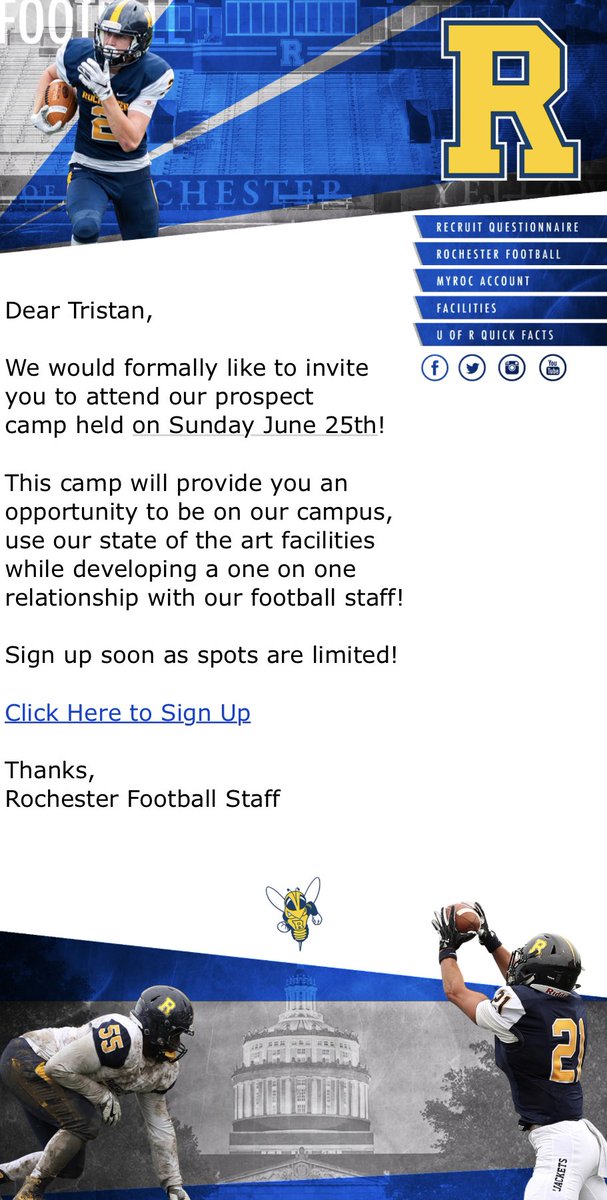 Thank you @UofRFootball for the camp invite! @sjhhsfootball #RFTB #NoBetterPlace