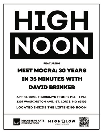 MOCRA Director David Brinker presents “Meet MOCRA: 30 Years in 35 Minutes” 
Thursday, 4/13, 12 pm <a href="/highlowstl/">High Low</a> 

Thanks <a href="/kranzbergarts/">Kranzberg Arts Foundation</a> for the invitation!

#highnoon #nothighbrow