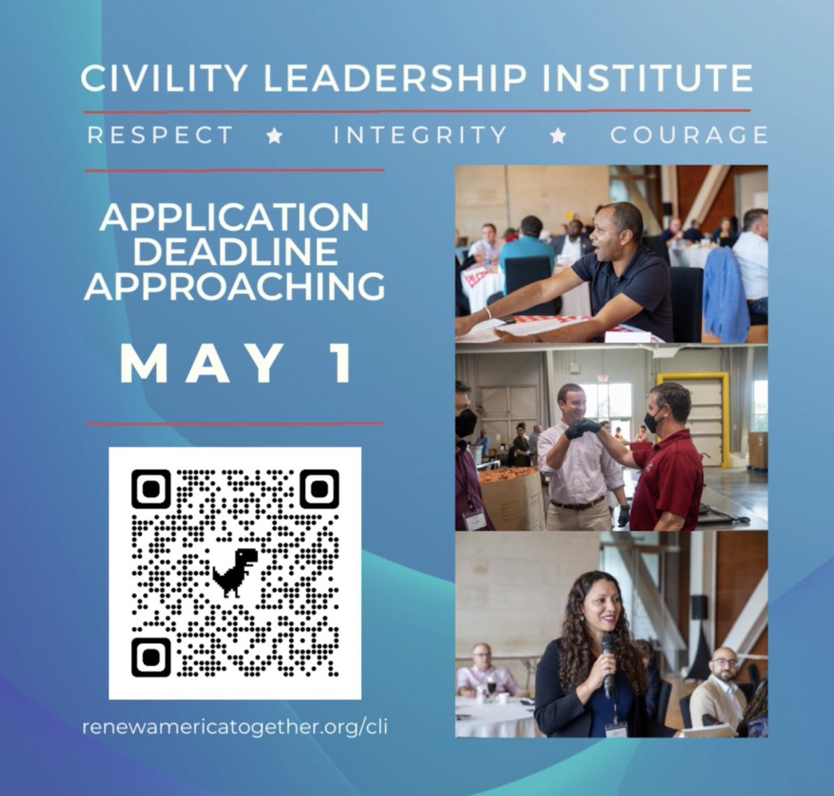 I attended last year and highly recommend it. Met amazing people. Deadline to apply for the 2023-2024 cohort of Civility Leadership is May 1! Don't miss the opportunity to join leaders from around the country to find collaboration and common ground. renewamericatogether.org/cli/