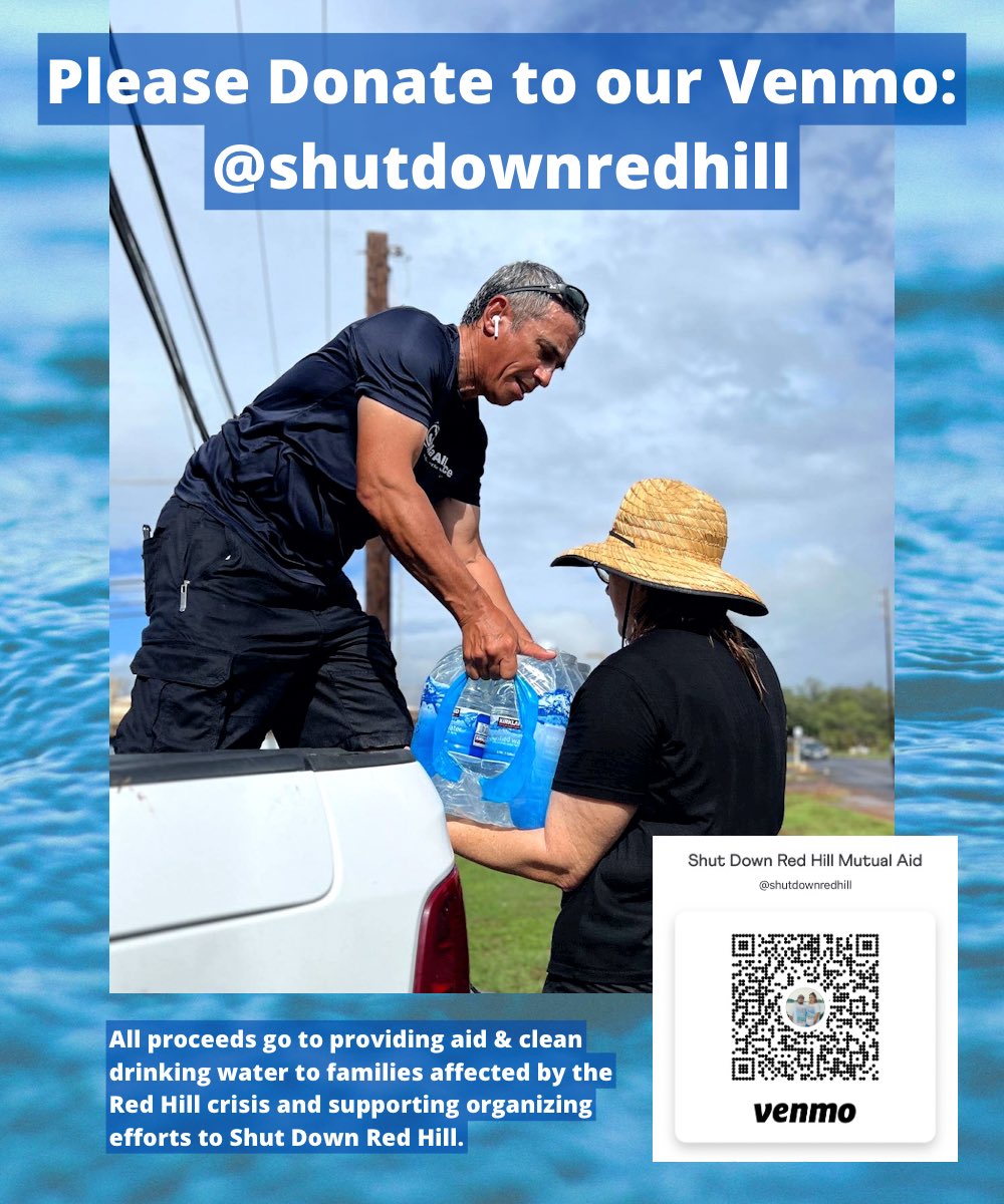 Saturday, April 15th
10:00am-12:00pm
#ShutDownRedHill Mutual Aid will be doing our monthly water distribution drive at Kapilina Beach Homes! We’ll now be across the street from our previous setup area, makai side of the security checkpoint in the big open lot at 5095 Iroquois Pt.