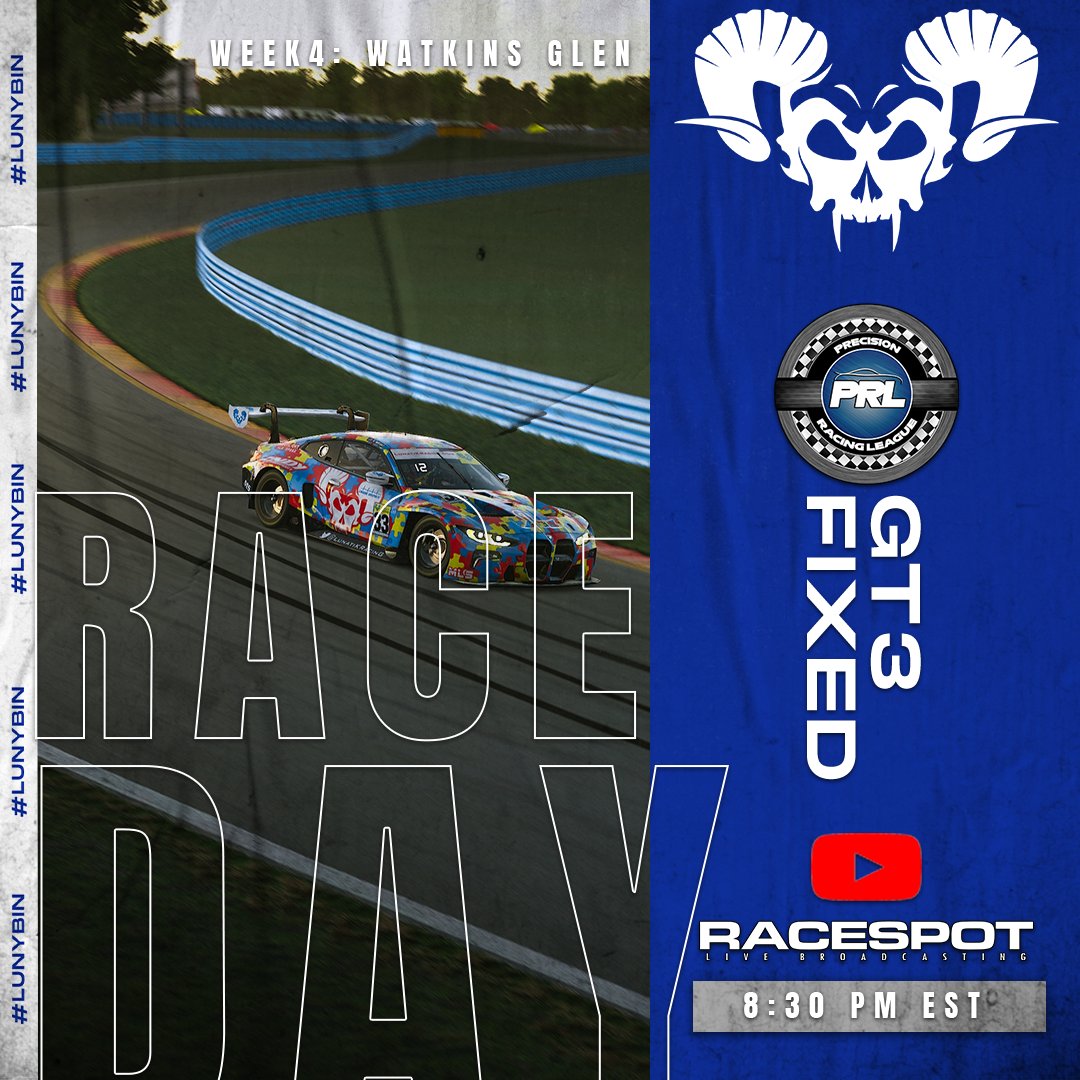 🚨RACE NIGHT🚨 Race 4 of <a href="/PrecisionRL/">Precision Racing League</a>  GT3 Fixed is on American soil at Watkins Glen. The crazies look to possible continue their run of podiums?? Come Cheer on the craziest at 8:30pm on <a href="/RaceSpotTV/">RaceSpot TV</a>  Youtube Channel. #LunyBin