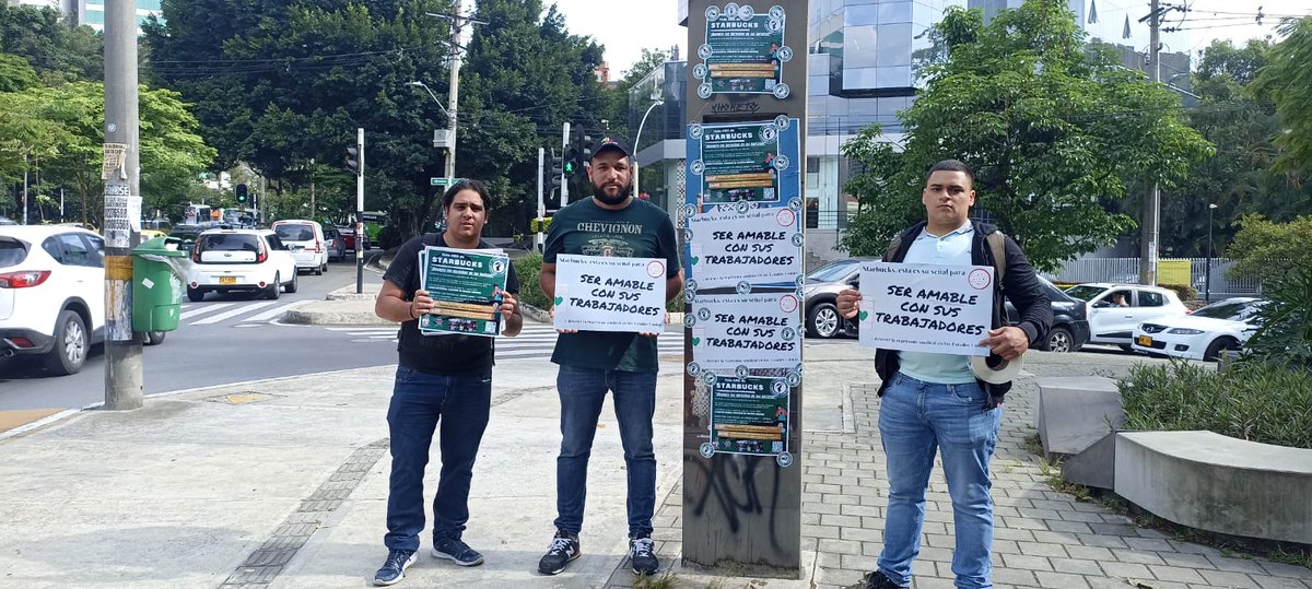 TrabStarbucksBR's tweet photo. Medellín, Colombia, presente! Solidarity for Starbucks workers, from Sinaltrainbec and the Domino's workers of Colombia! #StickItToStarbucks https://t.co/VndItjlCIw