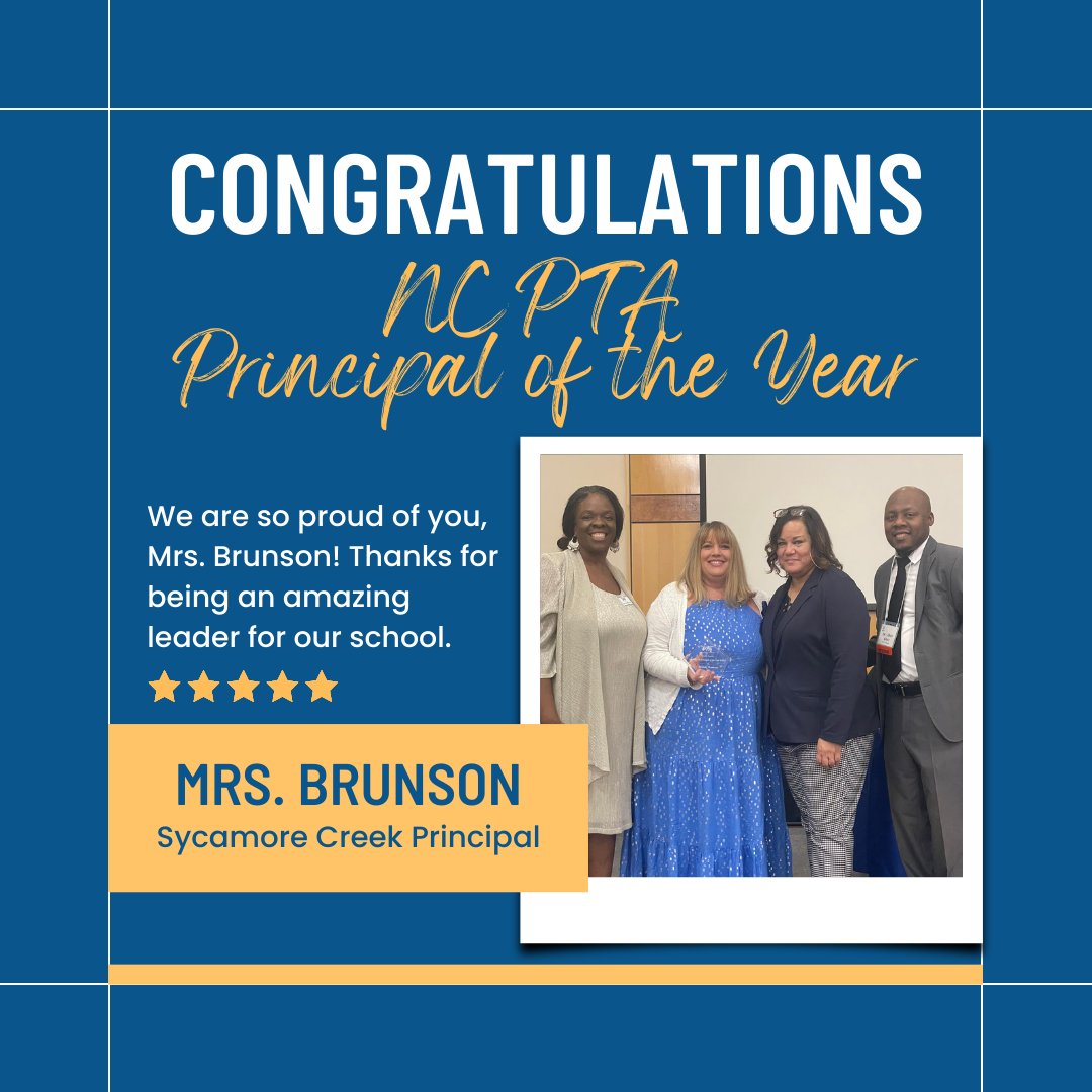 🍾 On April 2nd, Mrs. Brunson accepted the NCPTA Principal of the Year award at the NCPTA Convention Awards Gala! 🍾 <a href="/SycamoreCreekES/">Sycamore Creek ES</a>