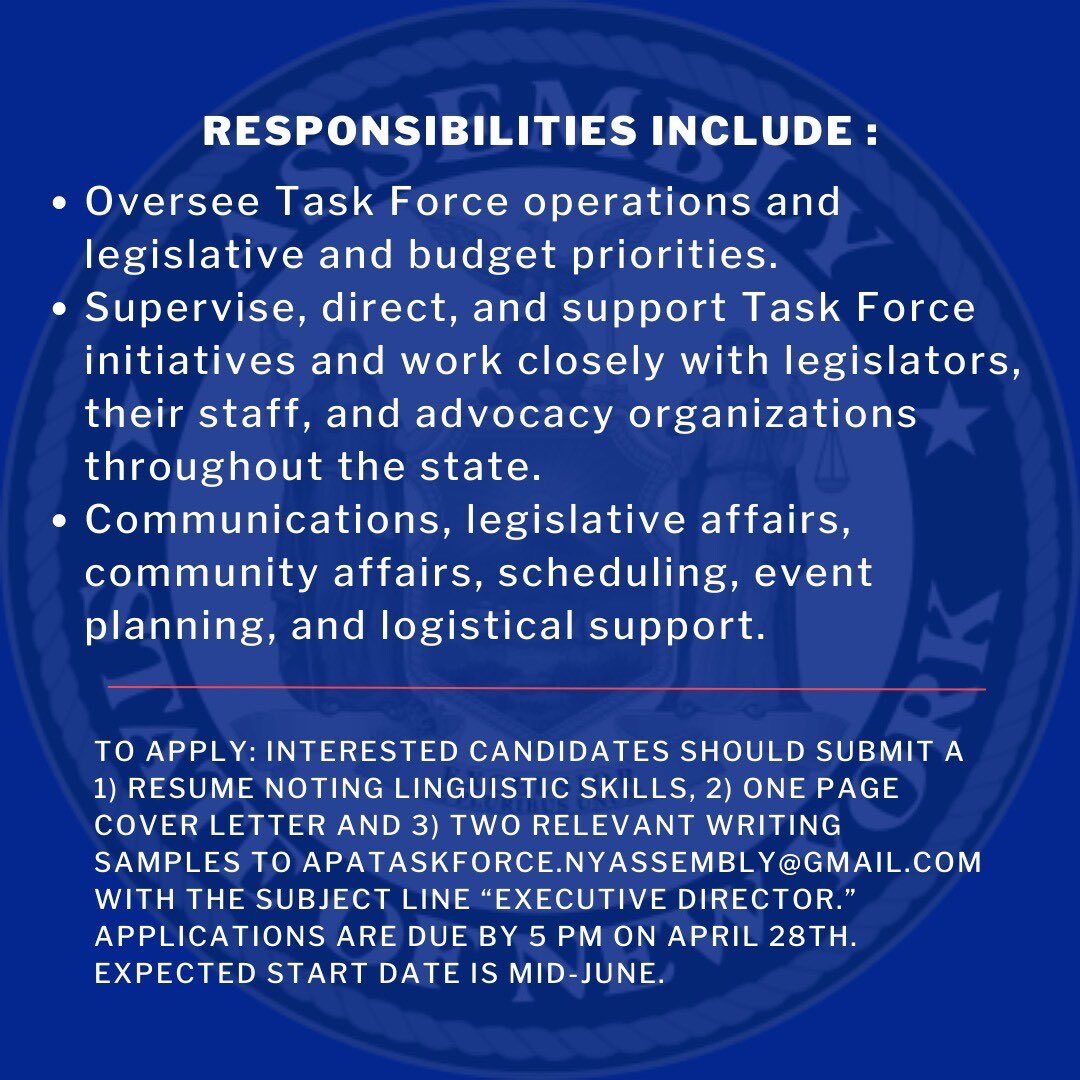 Exciting news! The NYSA APA Task Force is seeking an Executive Director to advance the needs of the AAPI community in NYS. Join us in empowering our community and making a positive impact. 🔗bit.ly/apataskforce #APA #AAPI #communityempowerment #jobopening