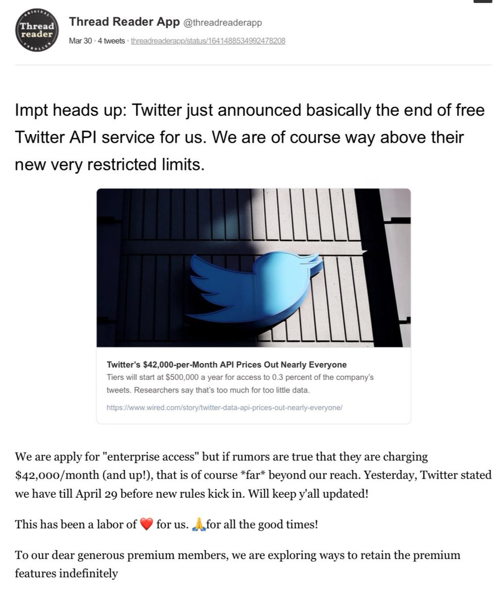 GrandmaPatti_A's tweet photo. 🚨PSA🚨PSA🚨PSA 🚨PSA🚨PSA🚨PSA 🚨PSA🚨
THREAD READER APP WILL ONLY BE AVAILABLE TO PREMIUM MEMBERS
April 11th, 2023: Unroll (web method) is now working for Premium users! Log in to your account page and click on the "Unroll Thread" button.
#ThreadReaderApp @threadreaderapp https://t.co/paI8sSc0W1