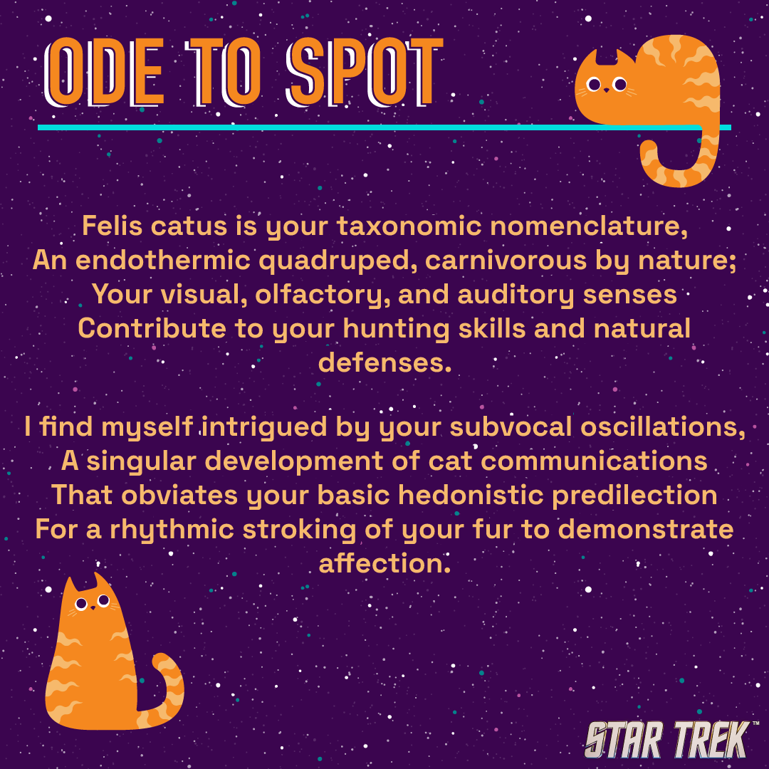 StarTrek's tweet photo. Always remember the Ode to Spot. ✨ #StarTrek #StarTrekTNG #NationalPetDay https://t.co/6y9b6ZtAM7