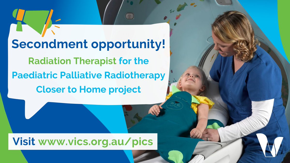 Victorian Paediatric Integrated Cancer Service (@victorian_pics) on Twitter photo We have an exciting 6-month secondment opportunity (0.4 EFT) for a Grade 4-5 Radiation Therapist to join PICS and help us investigate developing regional paediatric palliative radiotherapy services.
EOI submissions close Mon 15 May, find out more here: …3-415b-b0e3-1474cfb3a9a8.usrfiles.com/ugd/88a3fb_a7e… We have an exciting 6-month secondment opportunity (0.4 EFT) for a Grade 4-5 Radiation Therapist to join PICS and help us investigate developing regional paediatric palliative radiotherapy services.
EOI submissions close Mon 15 May, find out more here: …3-415b-b0e3-1474cfb3a9a8.usrfiles.com/ugd/88a3fb_a7e…