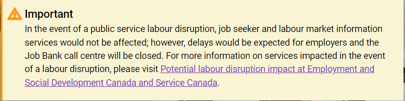 Service Canada posts how a possible upcomming labour action will impact LMIAs. Processing will be focussed on applications related to agriculture, food processing, trucking and health-related services. All sectors may be experience delays. canada.ca/en/employment-…