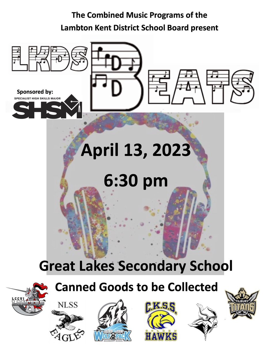 ⚡️This Thursday, April 13th, join the Music Departments of LCCVI, GLSS, NCIVS, NLSS, CKSS &amp; TDHS in concert in the GLSS auditorium beginning at 6:30pm! All are welcome! Donations to the food bank will be accepted at the door! <a href="/LCCVIInfo/">LCCVI Info</a> <a href="/LKDSB/">Lambton Kent DSB</a> 🎵🎸🎤🥁🎹🎺🎻🎷🪘
