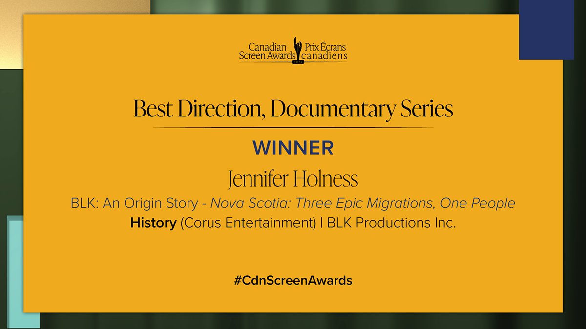The Canadian Academy (@thecdnacademy) on Twitter photo Congratulations Jennifer Holness, winner of Best Direction, Documentary Series, for “BLK: An Origin Story: Three Epic Migrations, One People.” <a href="/justjenholness/">Jennifer Holness</a> <a href="/CorusPR/">Corus Communications</a> #CdnScreenAwards Congratulations Jennifer Holness, winner of Best Direction, Documentary Series, for “BLK: An Origin Story: Three Epic Migrations, One People.” <a href="/justjenholness/">Jennifer Holness</a> <a href="/CorusPR/">Corus Communications</a> #CdnScreenAwards