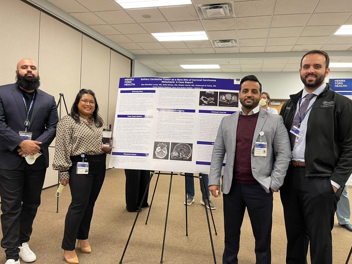 HFJHFamMedRes's tweet photo. Congratulations to some of 3rd year residents today who placed 3rd at this year’s Henry Ford Jackson’s Research Symposium! Solitary Cerebellar Tumor: A Rare Site of Cervical Carcinoma Metastasis. #MedTwitter @HFJHMedEd @HenryFordHealth #CancerResearch https://t.co/6SYJ1bIjAF