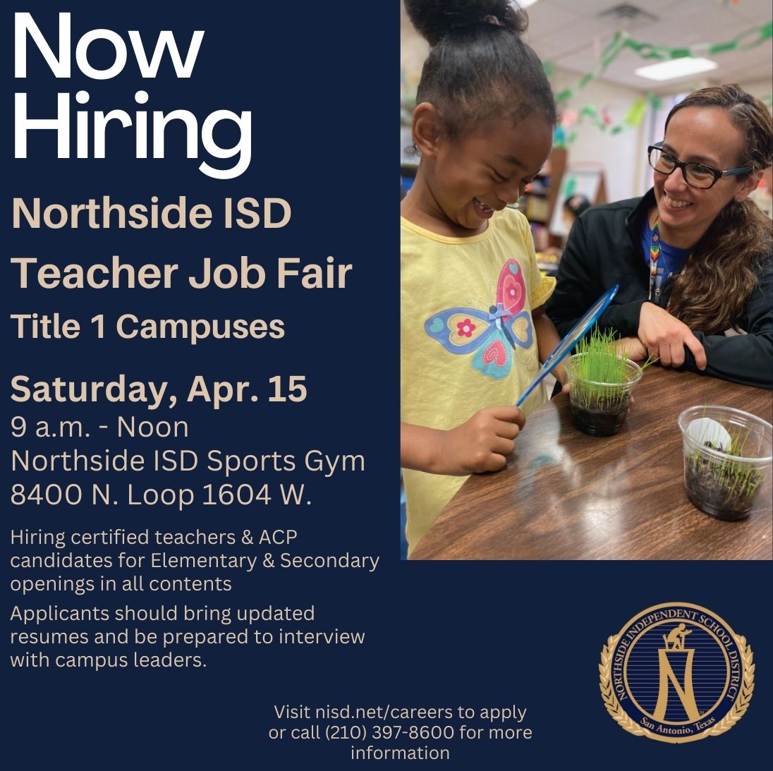 We are wanting YOU to join our district! Stop by the @NISD Sports Gym on Saturday to meet some of our campus administrators and drop off your resume. Interviews may be held on site, so dress professional.