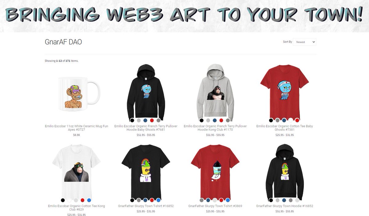 Gnar_AF_Goods's tweet photo. Newest drops in our @NFA_Inc shop.  Check out this fire featuring @KongClubNFT @SkurpyTown @BabyGhosts_NFT and @FunApes_NFT 

Any NFT, any chain.  Put them to work for you.  Then we share 95% of the profits. 

2 SOL to join the party. What's next? Fire!! #LFGrow #LFGnar #LFShare https://t.co/ZS2vK9DJin