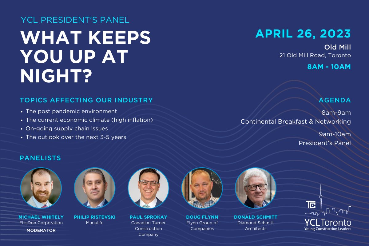 TCA_Connect's tweet photo. @YCLToronto President’s Panel April 26! Panelist Lineup is 👌 REGISTER TODAY: https://t.co/cZy0gHTPEK
@DiamondSchmitt #FlynnGroup @manulife @EllisDon @Turner_CDN https://t.co/jfZVGFJE5U