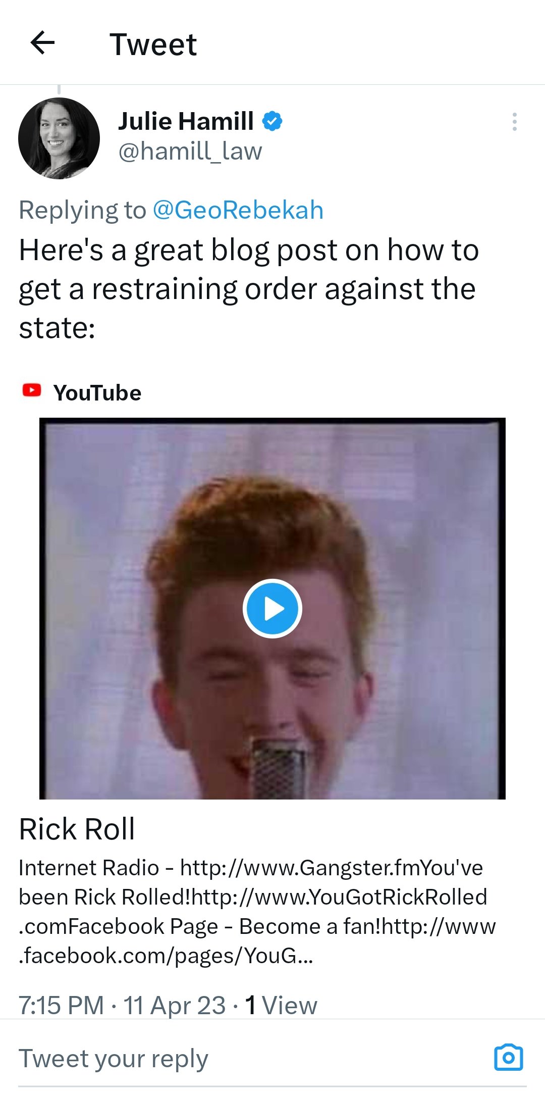 Rebekah Jones on X: @hamill_law you have to shield the link with a  redirect or the  preview will show the rick roll (as it does in this  tweet) and then the