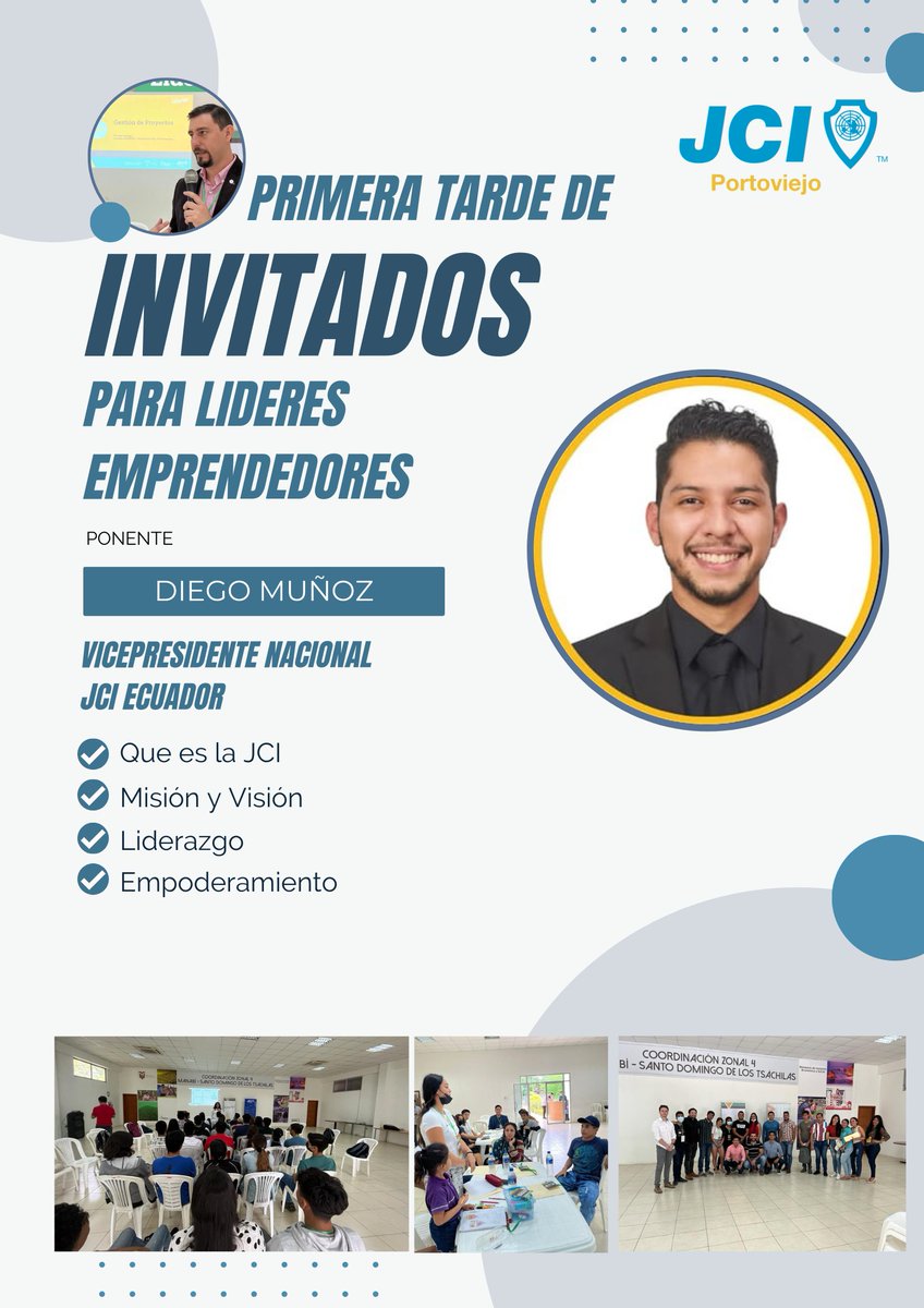 JCIPortoviejo's tweet photo. En esta tarde de invitados contaremos con la presencia de Diego Muñoz - Vicepresidente Nacional  JCI Ecuador 2023, Maria Magdalena San Lucas - Presidente Anterior Inmediato JCI Ecuador 2023 y Miembro del Comité de Empoderamiento de las Organizaciones Locales para América 2023. https://t.co/S8CTsDZLB5