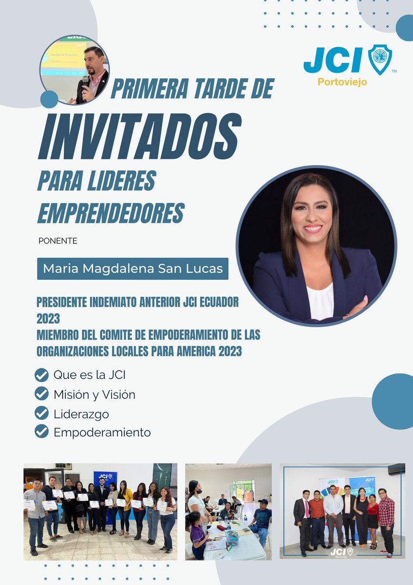 JCIPortoviejo's tweet photo. En esta tarde de invitados contaremos con la presencia de Diego Muñoz - Vicepresidente Nacional  JCI Ecuador 2023, Maria Magdalena San Lucas - Presidente Anterior Inmediato JCI Ecuador 2023 y Miembro del Comité de Empoderamiento de las Organizaciones Locales para América 2023. https://t.co/S8CTsDZLB5