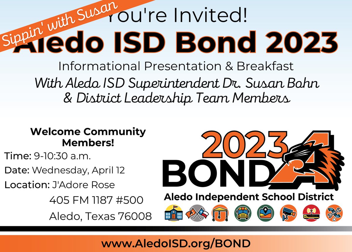 McanallyMiddle's tweet image. Join Aledo ISD Superintendent Dr. Susan Bohn for coffee and a conversation about the upcoming 2023 Aledo ISD Bond election during the next Sippin’ with Susan event at 9 a.m. on Wednesday, April 12 at J’Adore Rose in Aledo! @AledoISD #GrowingGreatness