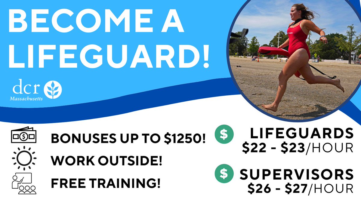 Looking for a cool summer job? We got ‘em! DCR is hiring lifeguards all across the Commonwealth! Check the link. for details! bit.ly/DCRLifeguards