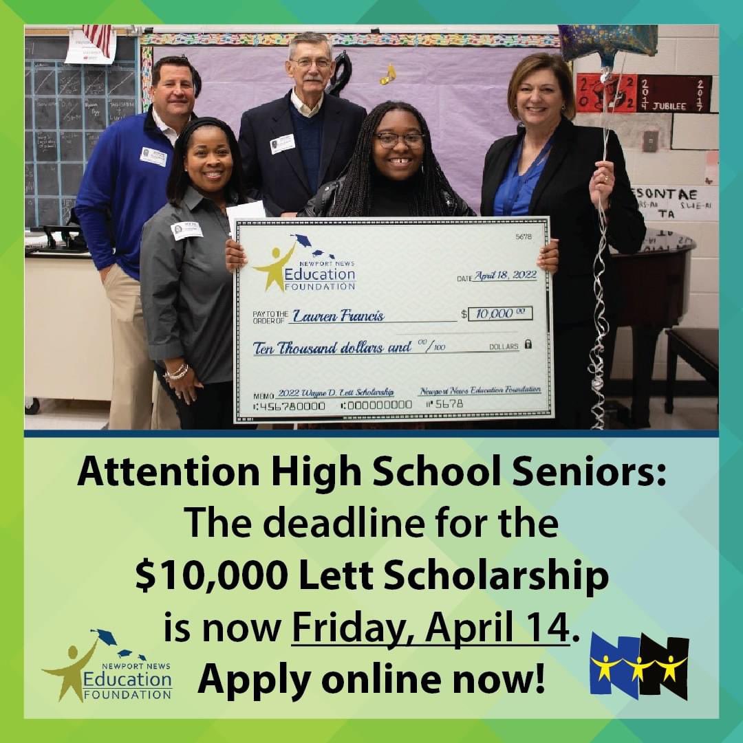 nnschools's tweet photo. Are you a NNPS Senior who wants to become a teacher? The $10,000 NNEF Wayne D. Lett Scholarship application deadline has been extended to Friday, April 14! Visit https://t.co/HiBKgW9NeV to learn more and apply today. https://t.co/eRbjXLRwu5