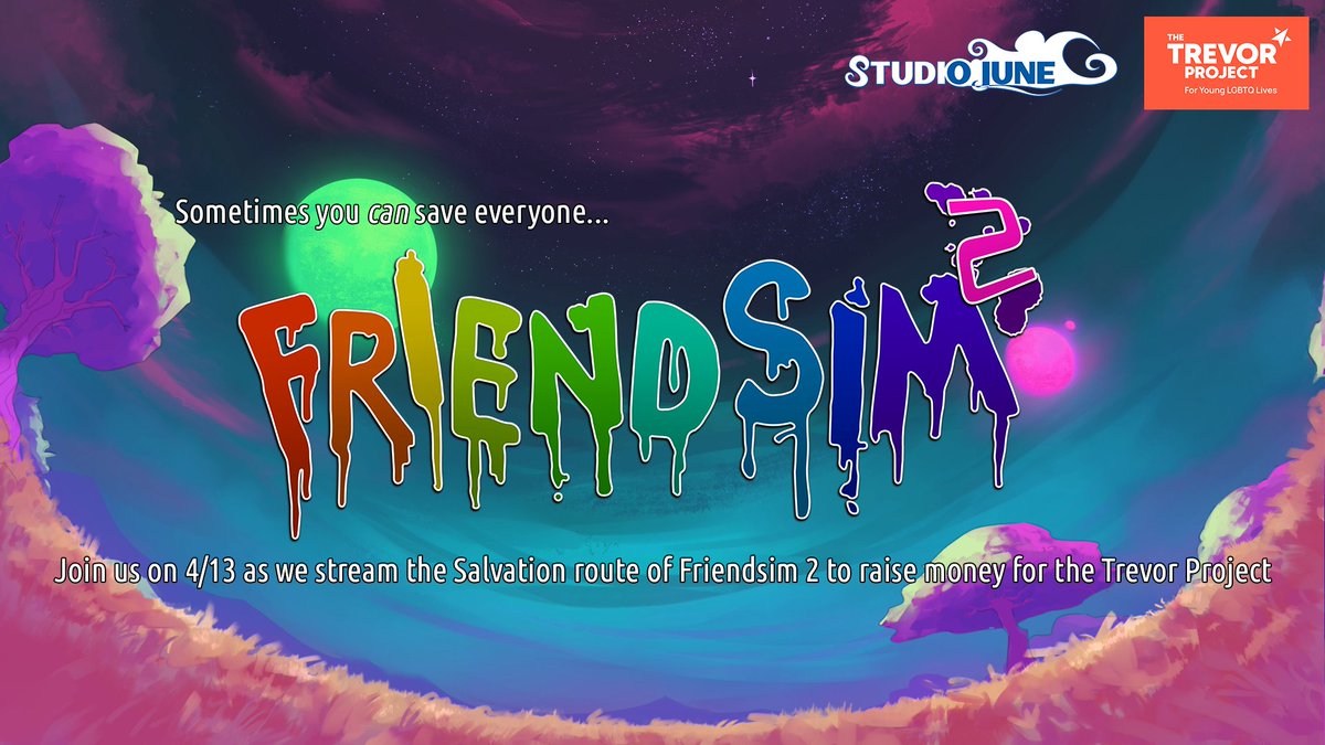 Friendsim2's tweet photo. On Thursday for 4/13, we're going to be streaming a Salvation playthrough of the current 11 volumes of Friendsim 2 to raise money for the Trevor Project!

Stream starts at 10 am EST - YT channel link below!

#Homestuck #Friendsim #Hiveswap https://t.co/jbZrwNlnx7