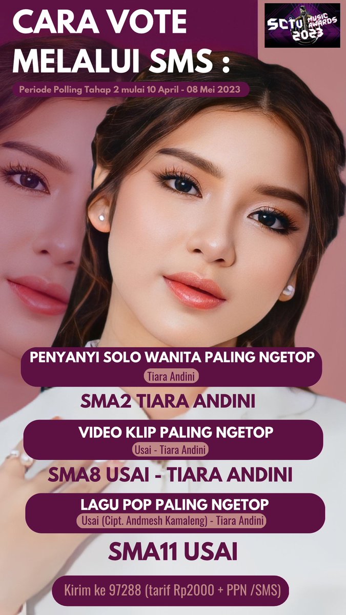 mootiaraupdate's tweet photo. Tutorial VOTE Tiara Andini di #SCTVMusicAwards2023 ‼️ @SCTV @initiaraandini 

Nah. Sekarang udah tau cara VOTE nya kan? Ayo VOTE sekarang juga! Jangan lupa VOTE sebanyak-banyaknya ya, Mootiara💗 Jangan bosan-bosan VOTE Titi! #Usai #TiaraAndini https://t.co/mOJ54GHdgn