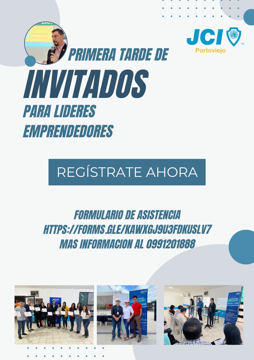 JCIPortoviejo's tweet photo. Quienes nos brindará una excelente charla.
Se entregará CERTIFICACIÓN GRATUITA.
¡Inscríbete ya!
https://t.co/LCQhcH0x5u
Más información -0991201888
Te esperamos el día sábado 15 de Abril en el salón del Colegio de Ingenieros Civiles de Manabí a las 16h00, ¡No te lo puedes perder! https://t.co/qO6vi99icY