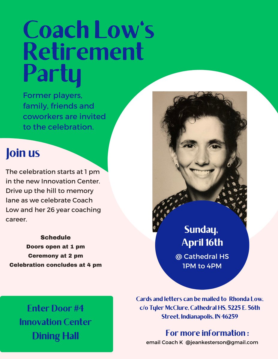 CoachKesterson's tweet photo. This is just a reminder, Coach Low's retirement party is this Sunday, April 16th.  Alumni, parents, family and friends are invited to come "Up the Hill" to help us celebrate her illustrious career.   See flyer for more details. https://t.co/24AHZ0Bgcr