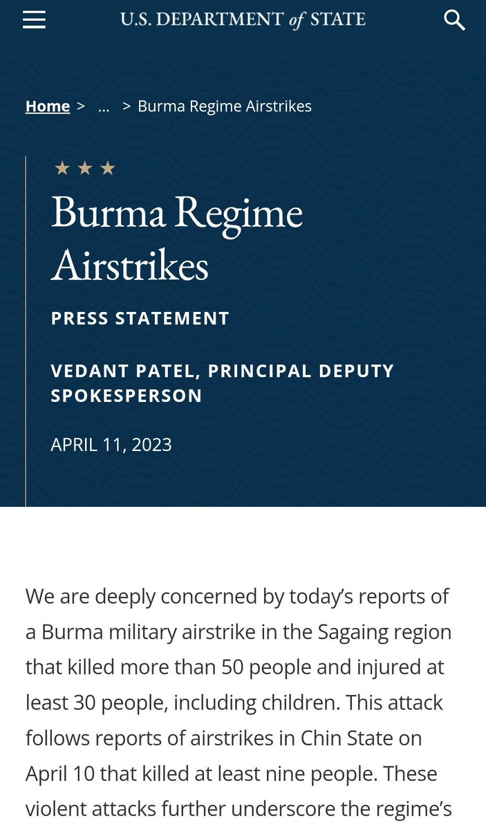 MayWongST's tweet photo. #US "deeply concerned" with #Myanmar #military "violent attacks" in #Sagaing+#Chin. Says these "further underscore the regime’s disregard for human life &amp; its responsibility for the dire political &amp; humanitarian crisis". Aims to hold "regime accountable" #WhatsHappeningInMyanmar https://t.co/HbFavdCaZx
