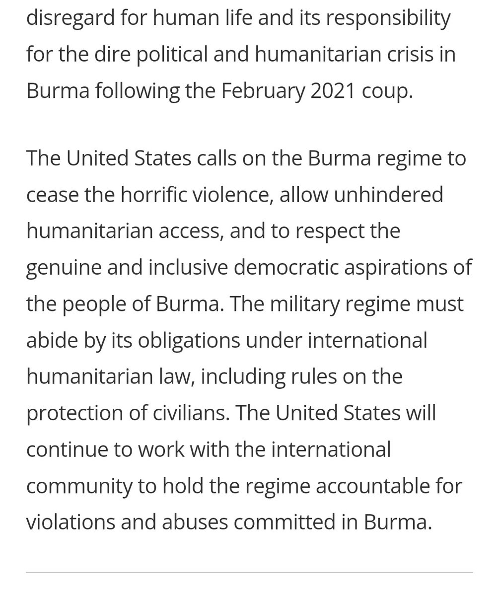 #US "deeply concerned" with #Myanmar #military "violent attacks" in #Sagaing+#Chin. Says these "further underscore the regime’s disregard for human life &amp; its responsibility for the dire political &amp; humanitarian crisis". Aims to hold "regime accountable" #WhatsHappeningInMyanmar