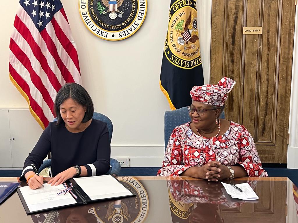 NOIweala's tweet photo. Great to celebrate today the USA’s ratifications of the Fisheries Subsidies Agreement! The 1st large fishing nation to ratify. Thank you to @AmbassadorTai &amp; the USTR fisheries team for making this early ratification happen. Hope others will follow suit. Let’s get it done by MC13! https://t.co/szyDr07WRW