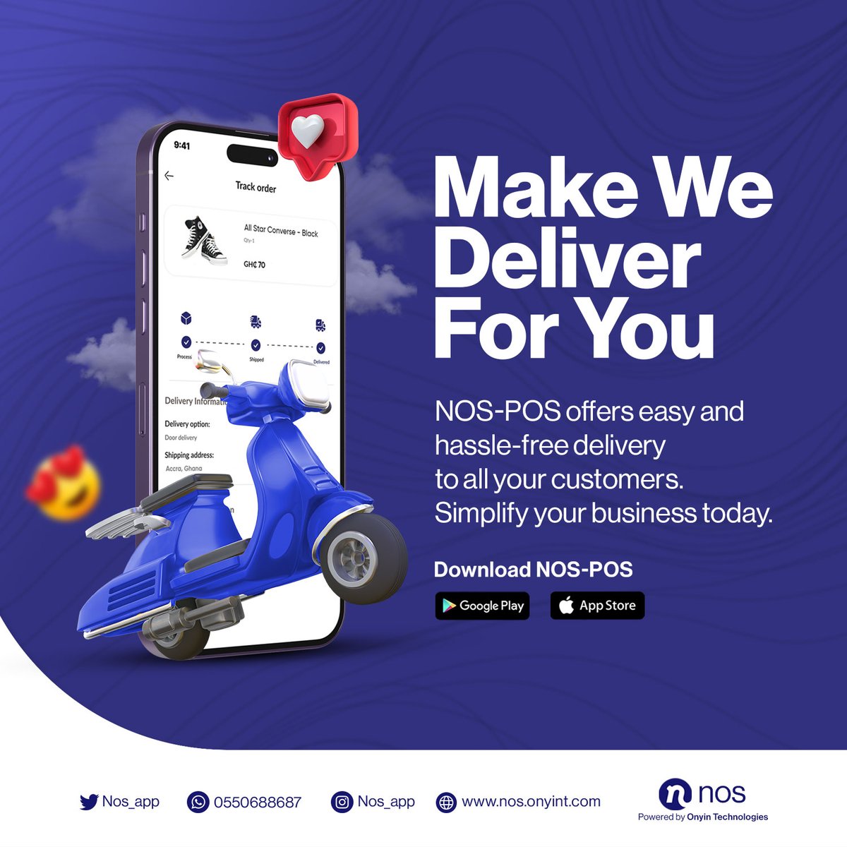 Nos_app's tweet photo. 🎉 Say goodbye to delivery hassles &amp; costs with NOS-POS! Our "Make We Deliver For You" service delivers your products straight to customers' doorsteps at no extra cost to you. Sign up today for hassle-free shopping! 🚛💻 #NOSPOS #MakeWeDeliverForYou #GhanaBusiness #accra https://t.co/9OUfEsn2Ak