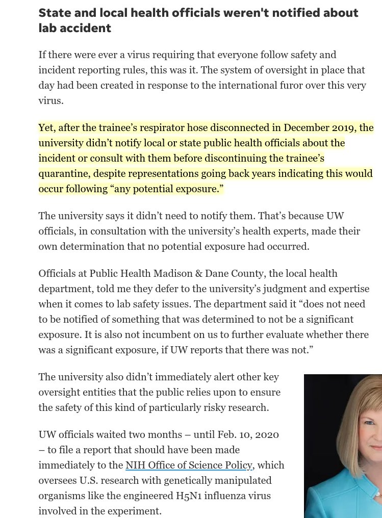 zeynep's tweet photo. People should put aside assumptions and read this stellar investigative report by @alisonannyoung—one of the very few journalists doing the work of real journalism on the topic of biosafety.

Yeah, that's a lab safety failure with an engineered H5N1 strain, December of 2019. UW. https://t.co/33x0S8js5e