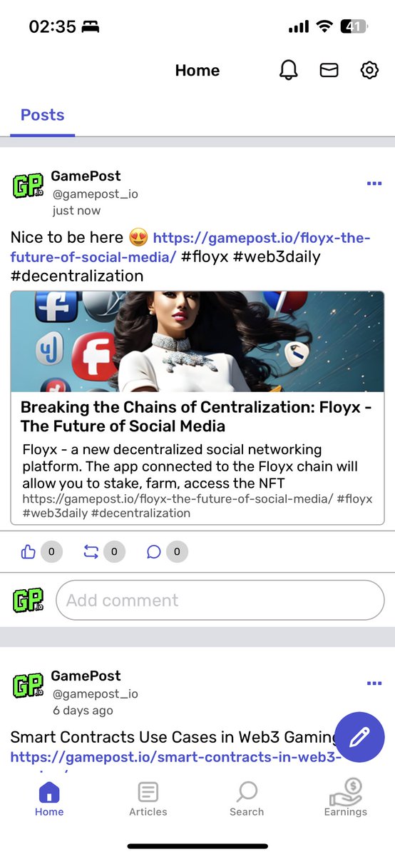 Gamepost_io's tweet photo. It’s great to write an article about @floyxcom, post it on Floyx and brag about it on... Twitter to convince the community to switch to web3 ;) #vote for free social media! On @TheDaoMaker #web3 https://t.co/FiKmczVjxE
