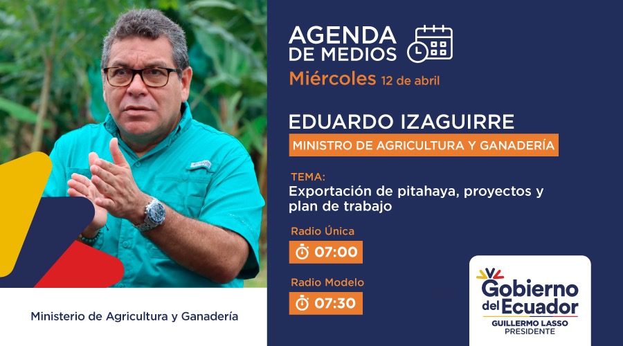 AgriculturaEc's tweet photo. #AgendaDeMedios 🎙 | Mañana, a través de la señal de @RadioUnica945FM y #RadioModelo, el ministro @EizaguirreEc informará sobre la 1er exportación de pitahaya a #China 🇨🇳. Además, dialogará sobre los proyectos y el plan de trabajo que lleva a cabo el #MAG.
#TrabajamosPorElCampo https://t.co/2rBmpR9S45