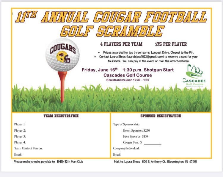 LauraBless1's tweet photo. Support Cougar Football by playing in or sponsoring our annual golf scramble fundraiser!! @BhsnMan @BHSNathletics @BHSNFootball @BHSNSS @ScottBless https://t.co/uaCWEDioAH