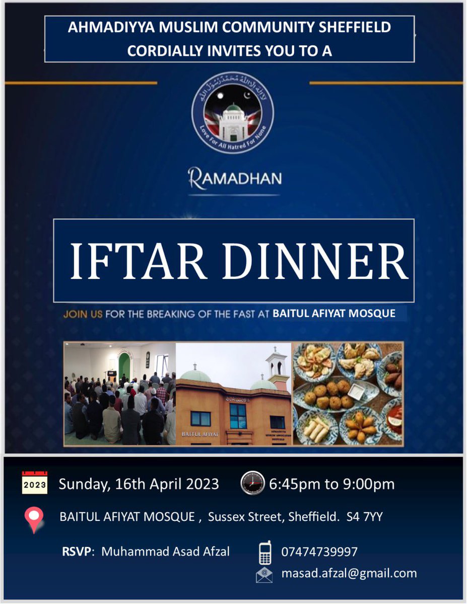 #Ahmadiyya Muslim Community #Sheffield opened its mosque doors for local residents to join us at our #BigIftar event. 

Event include:

- Mosque Tour
- Introduction 
- A talk about Fasting & Ramadan
- Azan (Call to prayer)
- Breaking of Fast

DM for general or media interest