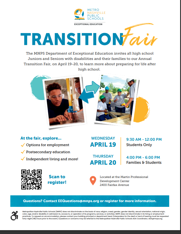 ANNUAL MNPS TRANSITION FAIR:   
Register Here: forms.office.com/r/4jZ1H0KV4Q April 19th for all Juniors and Seniors with IEPs 
Parent Night: April 20th for students with IEPs grades 8-12
<a href="/EERocks_MNPS/">EERocks_MNPS</a>
<a href="/MetroSchools/">Metro Schools</a>
