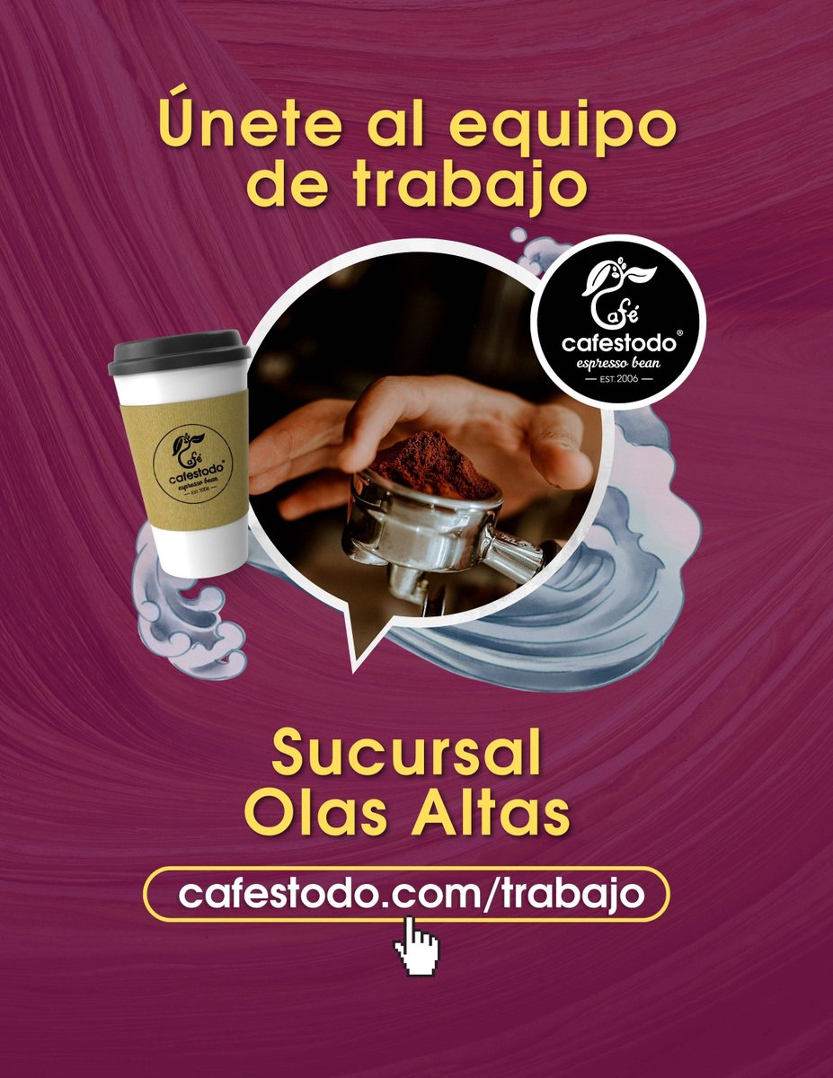 Únete al equipo de cafestodo, como barista, sucursal Olas Altas, tienes entre 18 a 25 años, con disponibilidad de horario (tiempo completo 8 hrs), sexo masculino, ingles, ingresa a cafestodo.com/trabajo y llena el formulario... <a href="/cafestodo/">cafestodo</a> | Consiga un buen café!