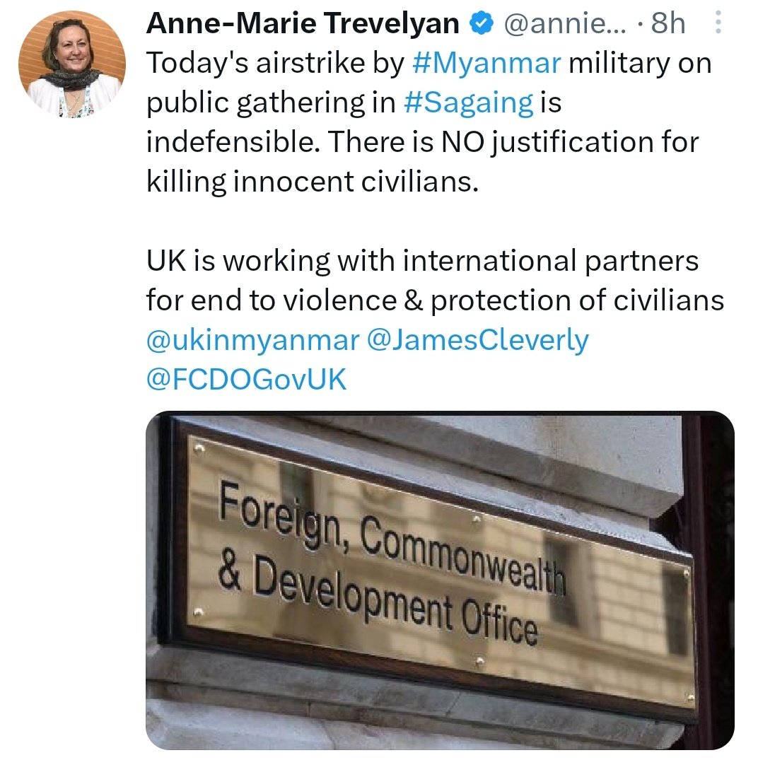 MayWongST's tweet photo. #UK describes #Myanmar #military's air attacks in #Sagaing killing civilians as "indefensible" with "no justification" for such violence. Some 100 people are said to be dead after military bombed &amp; strafed a civilian gathering on April 11, 2023 #WhatsHappeningInMyanmar https://t.co/XGKYcic3fy