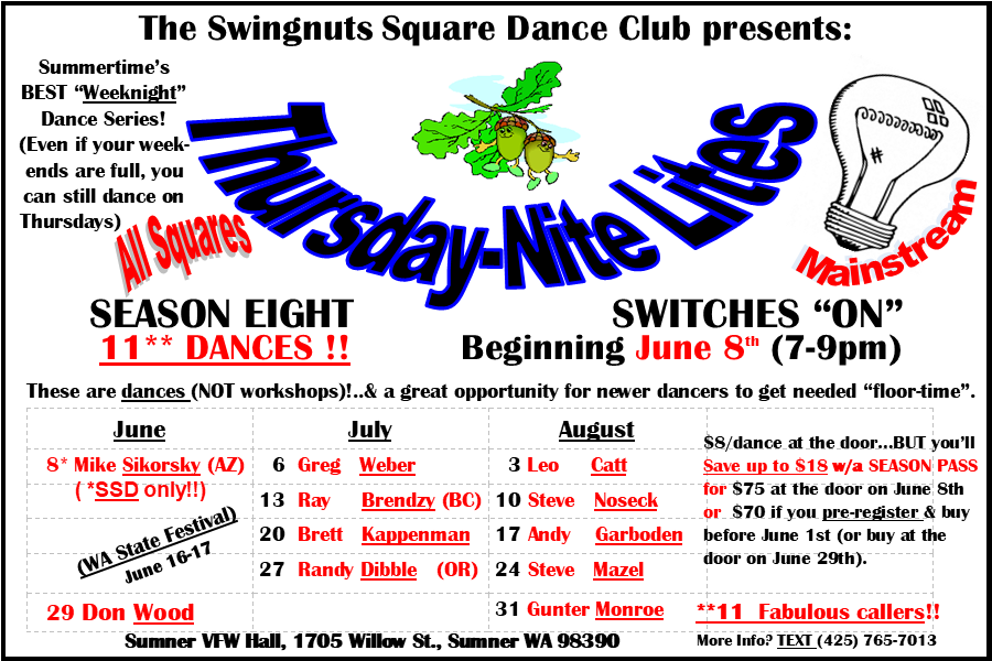 SwingnutsSDC's tweet photo. Summer is nearly here...and what a fun-filled summer of #SquareDancing it will be. Season 8 of Thursday-Nite Lites begins on June 8th. 11 weeks, 11 different callers! https://t.co/BjuBHCG2iT